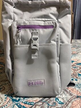 Under Armour White Backpack with Purple Zipper Accent and Front Mesh Pocket